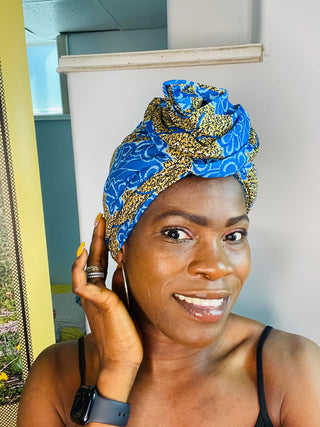 Zebra Blue Satin Lined Pre-tied Head Wrap