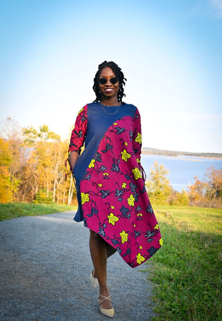 Denim Ankara Asymmetrical Dress